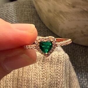 Pandora Rose Gold Heart Ring with Emerald Green Center